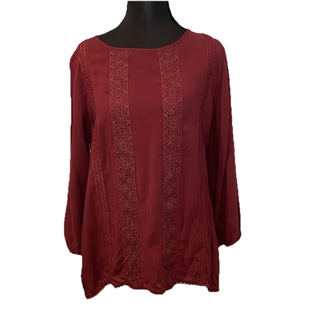 Cato‎ Maroon blouse, Size Small Long Sleeve Top  Lace Detail